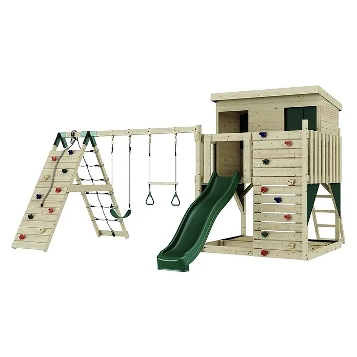 OutdoorToys Kinderspielturm Aksel - L x B x H: 469 x 415 x 261 cm, Grün - Hölzernes Spielset mit Kletterwand, Strickleiter, Schaukeln, Rutsche und erhöhtem Spielhaus, mit grünen Akzenten und bunten Klettergriffen.