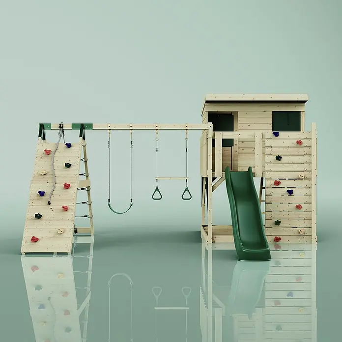 OutdoorToys Kinderspielturm Aksel - L x B x H: 469 x 415 x 261 cm, Grün - Holzspielplatz für draußen mit Kletterwand, Schaukeln, Rutsche und Spielhaus.