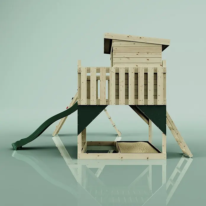 OutdoorToys Kinderspielturm Aksel - L x B x H: 469 x 415 x 261 cm, Grün - Spielturm aus Holz mit grüner Rutsche, erhöhtem Spielhaus und integriertem Sandkasten darunter.