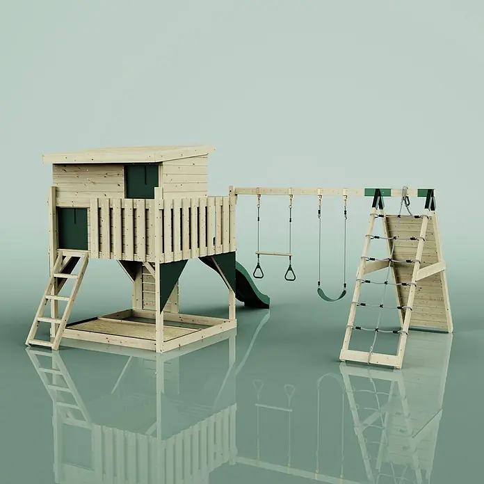 OutdoorToys Kinderspielturm Aksel - L x B x H: 469 x 415 x 261 cm, Grün - Spielplatz-Set aus Holz mit Spielhaus, Rutsche, Schaukeln und Kletternetz, mit Naturholz und grünen Akzenten.