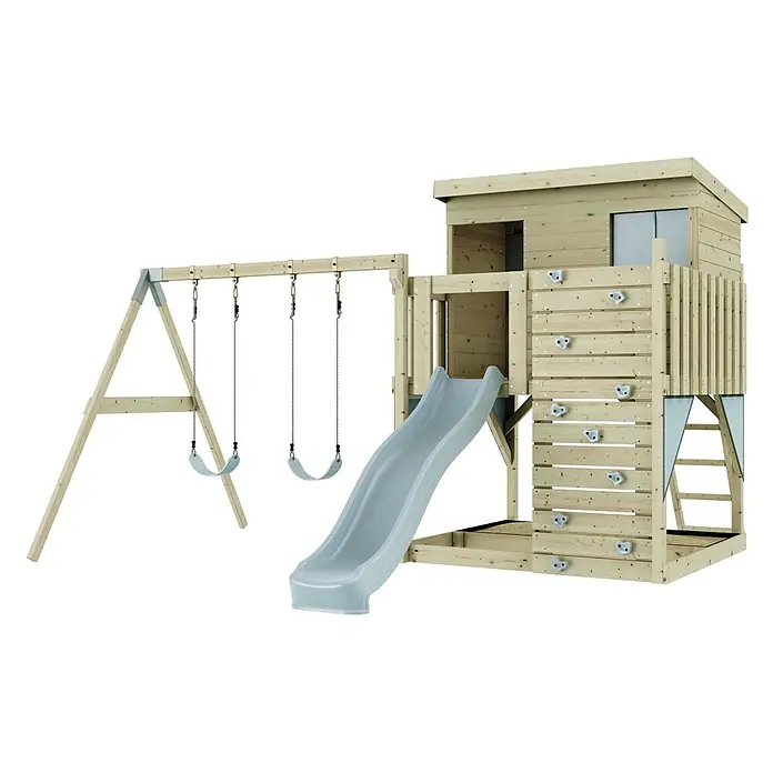 OutdoorToys Kinderspielturm Nils - L x B x H: 396 x 415 x 260 cm, Blau - Hölzerner Outdoor-Spielplatz mit Spielhaus, Rutsche, Kletterwand und Schaukelgestell mit zwei grauen Schaukeln.