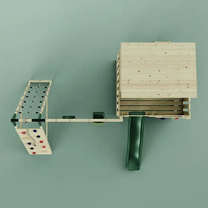 OutdoorToys Kinderspielturm Aksel - L x B x H: 469 x 415 x 261 cm, Grün - Hölzerner Spielplatz mit Spielhaus, grüner Rutsche, Kletterwand mit farbigen Griffen, Seilleiter und Trittsteinen.