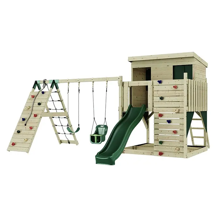 OutdoorToys Kinderspielturm Aksel - L x B x H: 469 x 415 x 261 cm, Grün - Hölzernes Spielset mit Turm, grüner Rutsche, Kletterwand mit bunten Griffen, Seilleiter und zwei Schaukeln.
