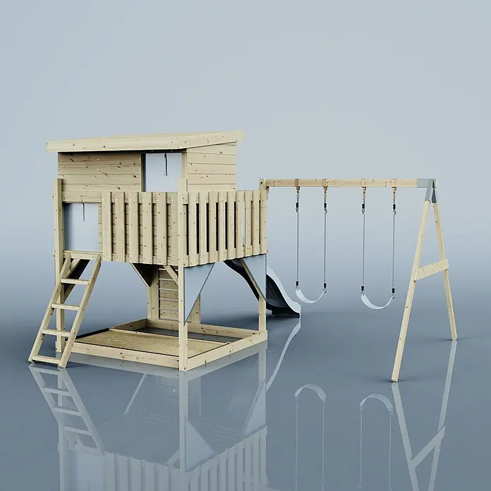 OutdoorToys Kinderspielturm Nils - L x B x H: 396 x 415 x 260 cm, Blau - Hölzernes Spielgerät mit erhöhtem Spielhaus, Leiter, Rutsche und Doppelschaukel.