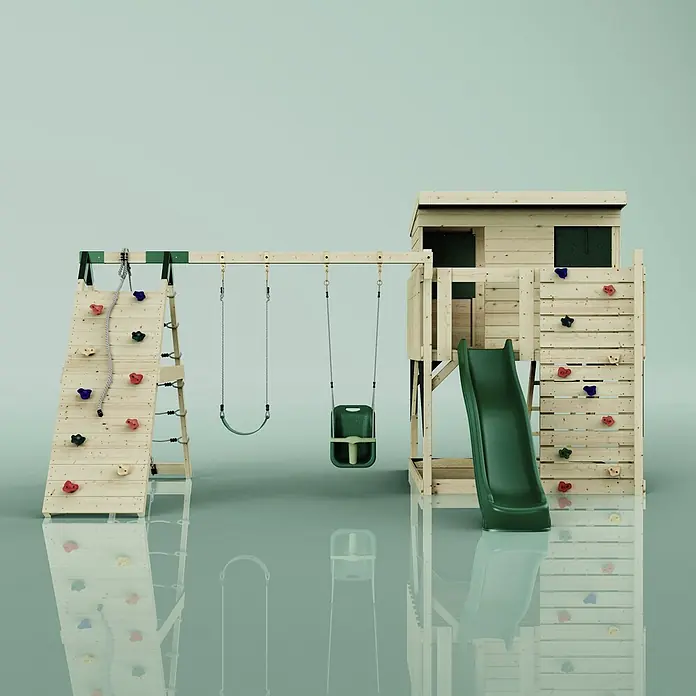 OutdoorToys Kinderspielturm Aksel - L x B x H: 469 x 415 x 261 cm, Grün - Hölzerner Spielplatz mit Kletterwänden, zwei grünen Schaukeln, einem Spielhaus und einer grünen Rutsche.