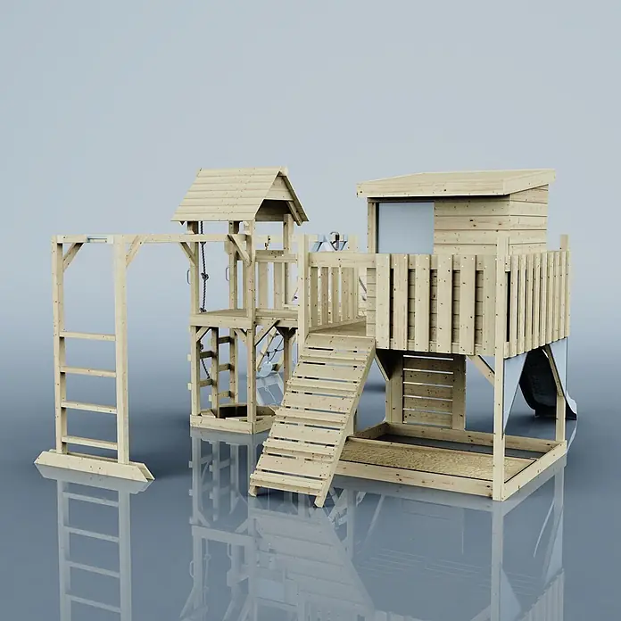 OutdoorToys Kinderspielturm Polarplay Lars - L x B x H: 562 x 503 x 274 cm, Blau - Spielturm aus hellem Holz mit Spielhaus, Stufen, Leiter, Klettergerüst, Seilen und Rutsche.