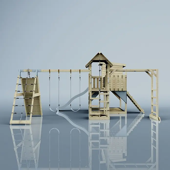 OutdoorToys Kinderspielturm Polarplay Lars - L x B x H: 562 x 503 x 274 cm, Blau - Kinderspielplatz aus Holz mit Schaukeln, Rutsche, Kletternetz und Spielturm.