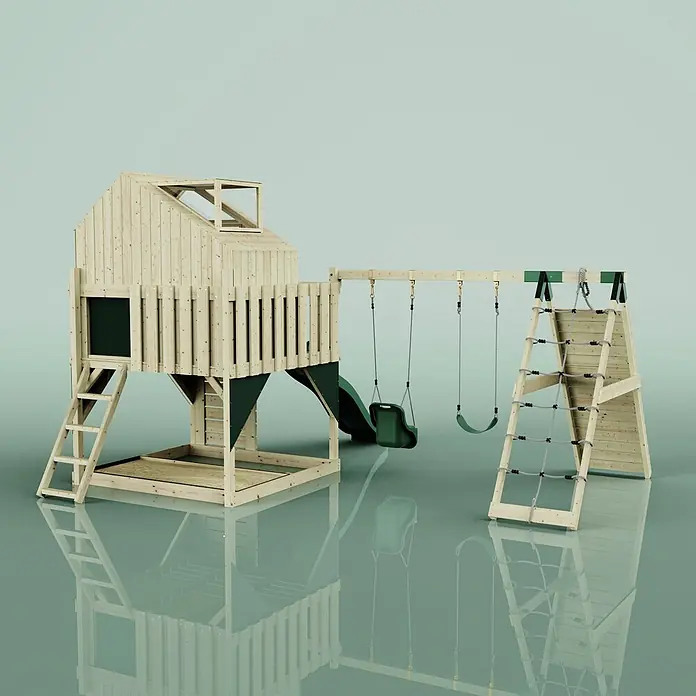 OutdoorToys Kinderspielturm Oscar - L x B x H: 472 x 415 x 292 cm, Grün - Spielplatz aus Holz mit Spielhaus, Rutsche, zwei dunkelgrünen Schaukeln und Kletternetz.
