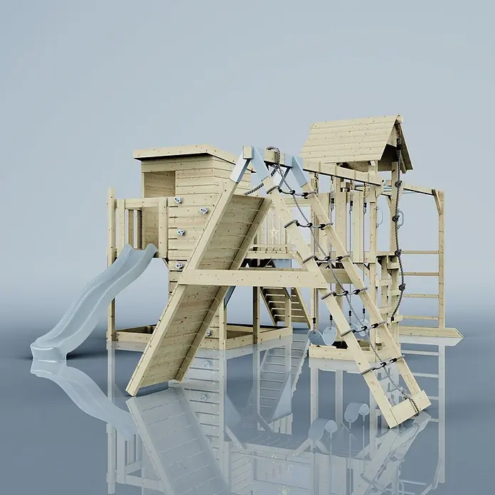 OutdoorToys Kinderspielturm Polarplay Lars - L x B x H: 562 x 503 x 274 cm, Blau - Großer Holzspielplatz mit grauer Rutsche, Kletterwand, Seilnetz und Tellerschaukeln.
