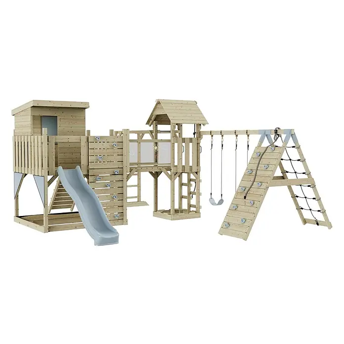 OutdoorToys Kinderspielturm Polarplay Lars - L x B x H: 562 x 503 x 274 cm, Blau - Hölzernes Spielgerüst mit Rutsche, Kletterwand, Schaukeln und Kletternetz.