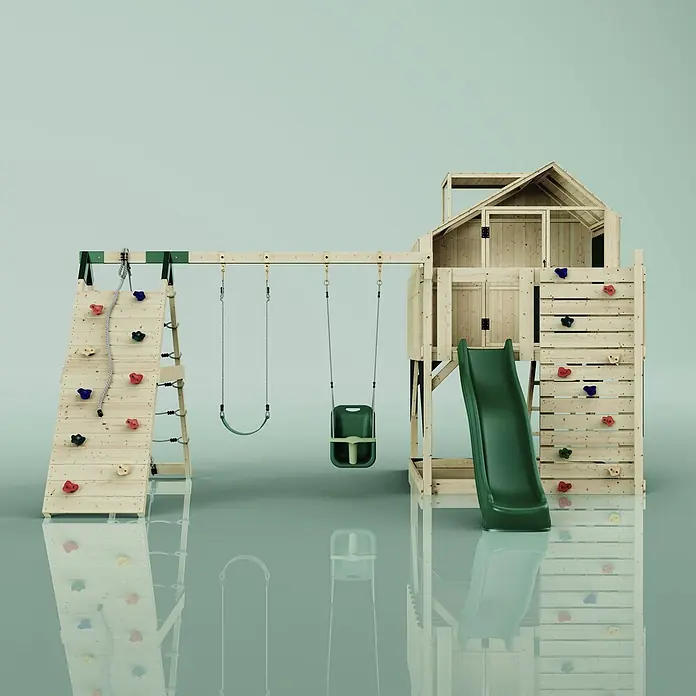 OutdoorToys Kinderspielturm Oscar - L x B x H: 472 x 415 x 292 cm, Grün - Holzspielplatz mit grüner Rutsche, zwei Schaukeln und Kletterwänden mit bunten Griffen.