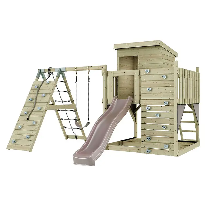 OutdoorToys Kinderspielturm Freja Kinderschaukel; - Holz, Rosa - Natürlicher Holzspielplatz mit Rutsche, Kletterwand, Netz und Schaukeln, gekrönt von einem Spielturm.