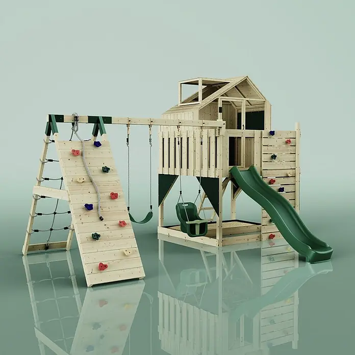 OutdoorToys Kinderspielturm Oscar - L x B x H: 472 x 415 x 292 cm, Grün - Hölzernes Spielgerüst mit Kletterwand, Netzleiter, grüner Rutsche, grünen Schaukeln und Spielhaus. Mit bunten Klettergriffen.