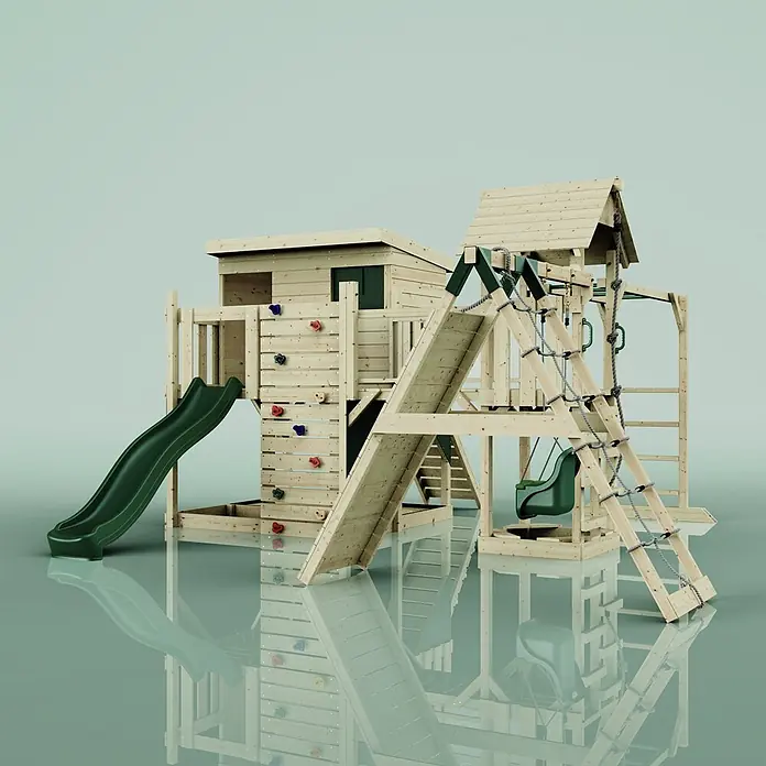 OutdoorToys Kinderspielturm Polarplay Bene Grün - Holz, Grün - Hölzernes Kinderspielgerät mit grüner Rutsche, Kletterwand und Schaukel.