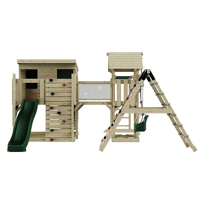 OutdoorToys Kinderspielturm Polarplay Bene - L x B x H: 490 x 503 x 274 cm, Grün - Hölzernes Spielset mit grüner Rutsche, Kletterwand, Kreidetafel, Seilleiter und einer grünen Babyschaukel.