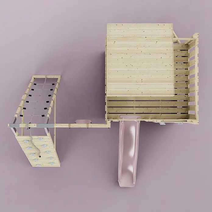 OutdoorToys Kinderspielturm Freja Kinderschaukel; - Holz, Rosa - Hölzernes Spielhaus mit Kletternetz, Kletterwand und rosa Rutsche, von oben auf lila Hintergrund.