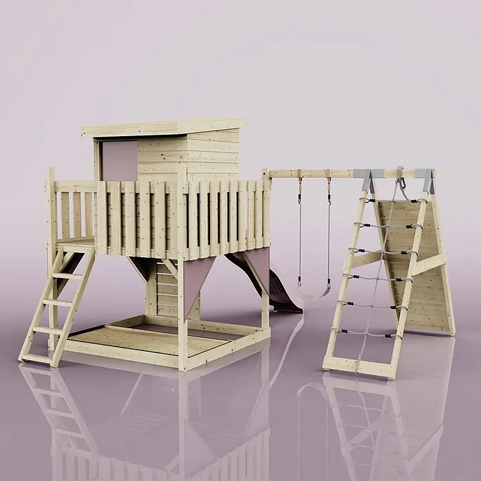 OutdoorToys Kinderspielturm Freja Kinderschaukel; - Holz, Rosa - Spielturm aus Holz mit Spielhaus, Rutsche, Schaukel, Kletternetz und Sandkasten, mit Naturholz und altrosa Akzenten.