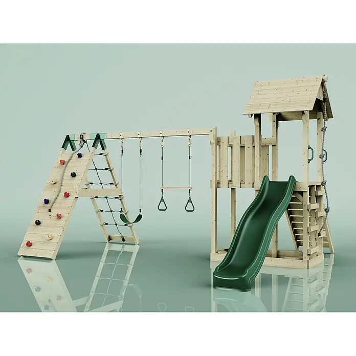 OutdoorToys Kinderspielturm Roskilde - L x B x H: 357 x 451 x 274 cm, Grün - Kinderspielturm aus Holz mit grüner Rutsche, Schaukeln, Kletterwand mit bunten Griffen und Seilleiter.