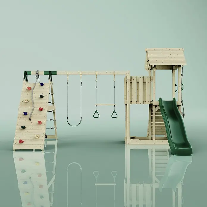 OutdoorToys Kinderspielturm Roskilde - L x B x H: 357 x 451 x 274 cm, Grün - Hölzernes Outdoor-Spielset mit Kletterwand, Schaukeln, Spielhaus und grüner Rutsche.