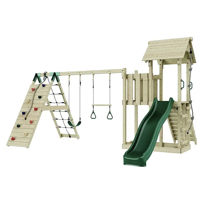 OutdoorToys Kinderspielturm Roskilde - L x B x H: 357 x 451 x 274 cm, Grün - Spielplatz aus Holz mit grüner Rutsche, Schaukeln, Kletterwand und Seilnetz.