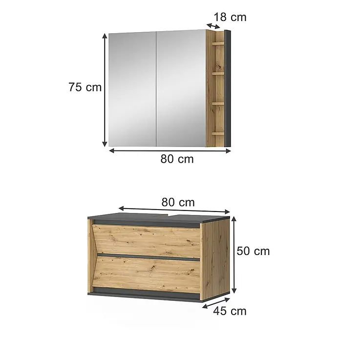 Vicco Badmöbel-Set Edelin Anthrazit/Artisan 2 Teile - Anthrazit, Matt - Badmöbel-Set aus Holzoptik und Anthrazit: Spiegelschrank mit offenen Regalen und Waschtischunterschrank mit zwei Schubladen.