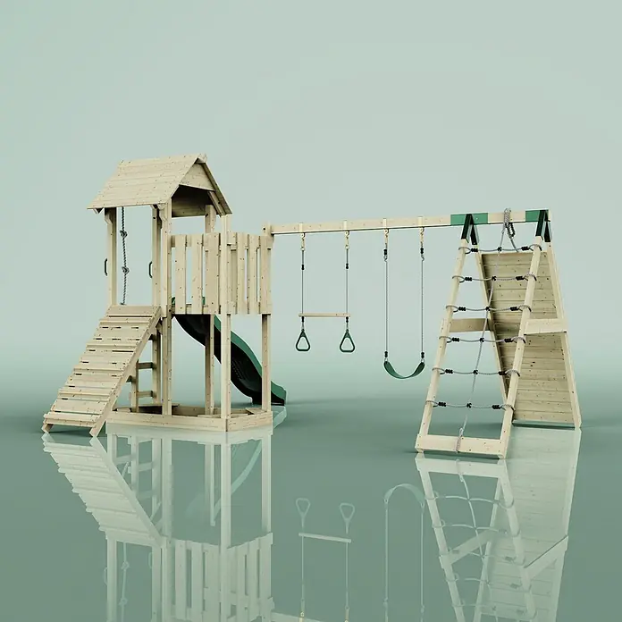 OutdoorToys Kinderspielturm Roskilde - L x B x H: 357 x 451 x 274 cm, Grün - Helles Holzspielplatz mit grüner Rutsche, Schaukeln und Kletternetz.
