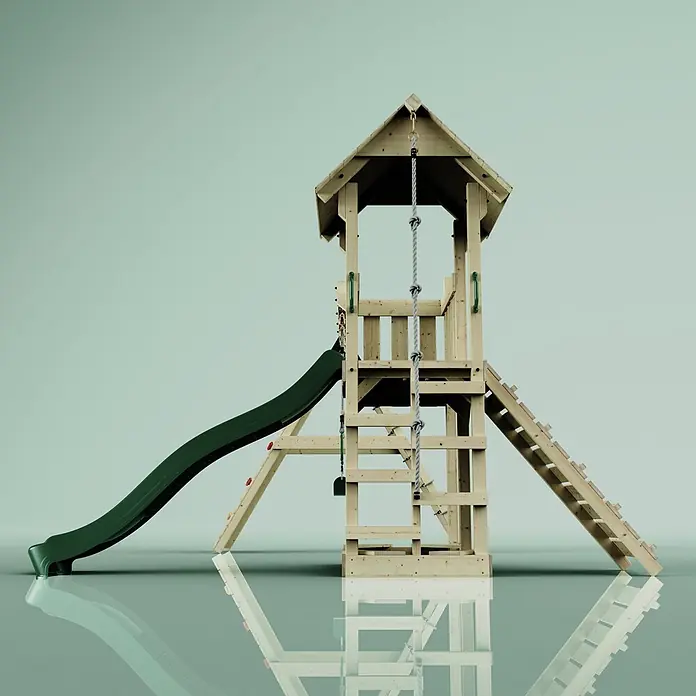 OutdoorToys Kinderspielturm Roskilde - L x B x H: 357 x 451 x 274 cm, Grün - Spielturm aus Holz mit grüner Rutsche, Kletterseil und Leiter für den Spielplatz.