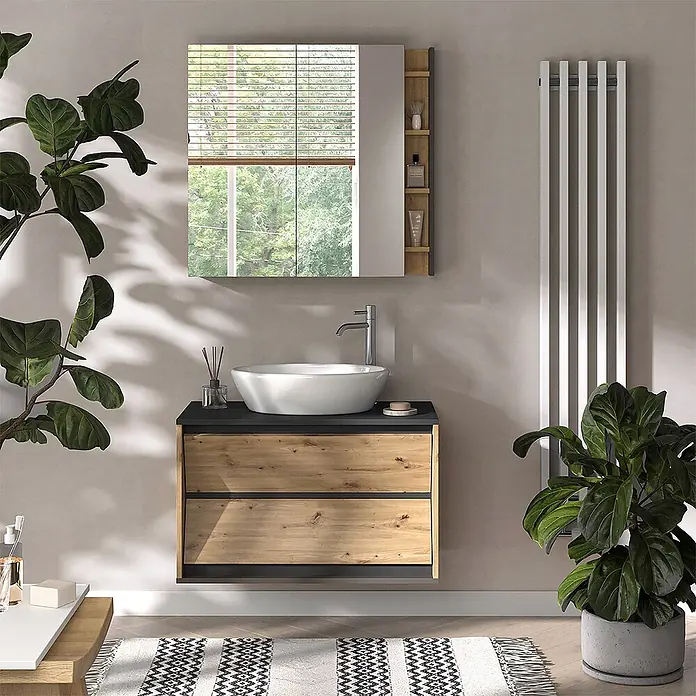 Vicco Badmöbel-Set Edelin Anthrazit/Artisan 2 Teile - Anthrazit, Matt - Moderner Badezimmer-Waschtischunterschrank mit Holzschubladen, schwarzer Arbeitsplatte und weißem Aufsatzwaschbecken.