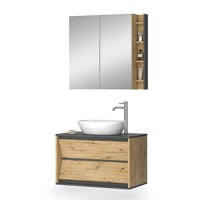 Vicco Badmöbel-Set Edelin Anthrazit/Artisan 2 Teile - Anthrazit, Matt - Holz-Look Badmöbel mit dunkelgrauer Platte, weißem Aufsatzwaschbecken, Chrom-Wasserhahn und Spiegelschrank mit offenen Regalen.