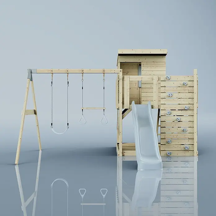 OutdoorToys Kinderspielturm Björn - L x B x H: 396 x 415 x 261 cm, Blau - Hölzernes Spielset mit Schaukel, Ringen, Rutsche und Kletterwand.