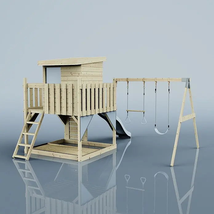 OutdoorToys Kinderspielturm Björn - L x B x H: 396 x 415 x 261 cm, Blau - Multifunktionales Holzspielplatz-Set mit Spielhaus, Rutsche, Leiter und Schaukel-Set.