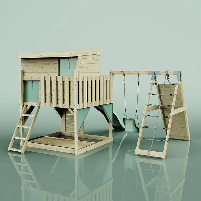 OutdoorToys Kinderspielturm Emil - L x B x H: 396 x 415 x 260 cm, Grün - Holzspielturm mit Spielhaus, Rutsche, Schaukel und Kletternetz, mit hellgrünen Akzenten.