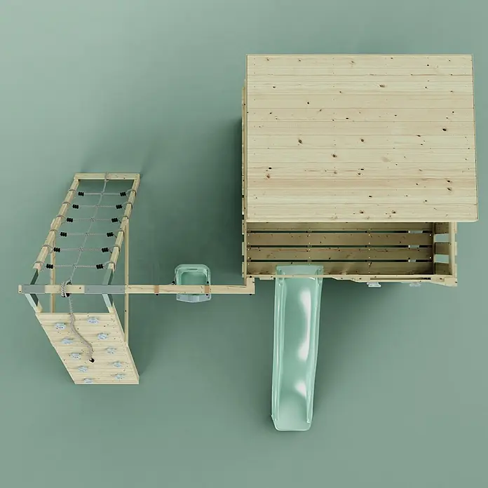 OutdoorToys Kinderspielturm Emil - L x B x H: 396 x 415 x 260 cm, Grün - Hölzernes Spielgerüst mit Spielhaus, grüner Rutsche, Kletternetz und Kletterwand mit Griffen für Kinder. Zum Spielen im Freien.
