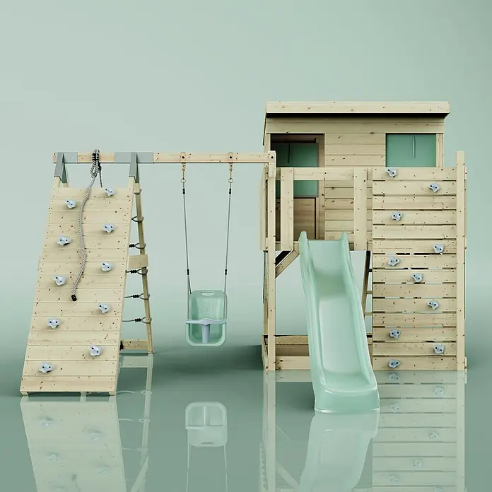 OutdoorToys Kinderspielturm Emil - L x B x H: 396 x 415 x 260 cm, Grün - Hölzernes Outdoor-Spielset mit Spielhaus, hellgrüner Rutsche, Schaukel und zwei Kletterwänden.