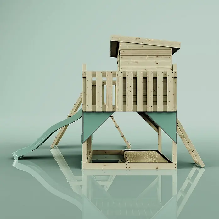 OutdoorToys Kinderspielturm Emil - L x B x H: 396 x 415 x 260 cm, Grün - Spielturm aus Naturholz mit grüner Rutsche, Leiter und integriertem Sandkasten darunter.