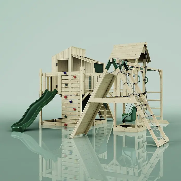 OutdoorToys Kinderspielturm Tammo Babyschaukel; - Holz, Grün - Multiaktivitäts-Spielturm aus Holz mit grüner Rutsche, Kletterwand, Schaukeln und Strickleiter.