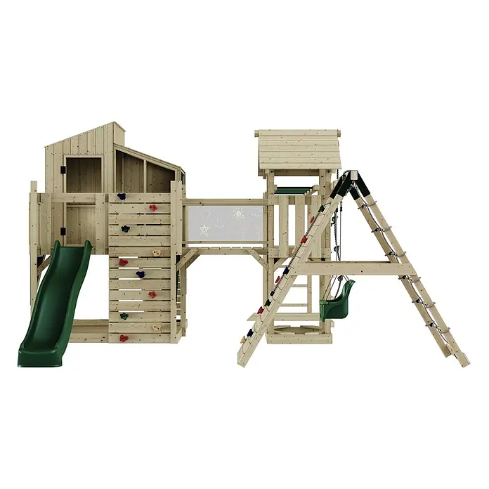 OutdoorToys Kinderspielturm Tammo Babyschaukel; - Holz, Grün - Hölzerner Spielplatz mit grüner Rutsche, Kletterwand, Kreidetafel, Schaukel und Seilleiter.