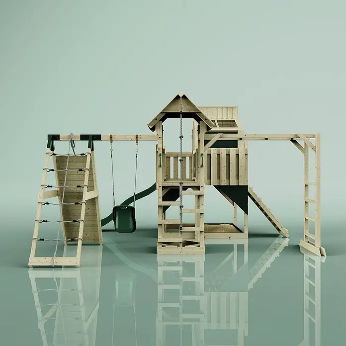 OutdoorToys Kinderspielturm Tammo Babyschaukel; - Holz, Grün - Hölzerner Spielturm mit Kletternetz, Schaukel, Rutsche, Sandkasten und Klettergerüst für Kinder.