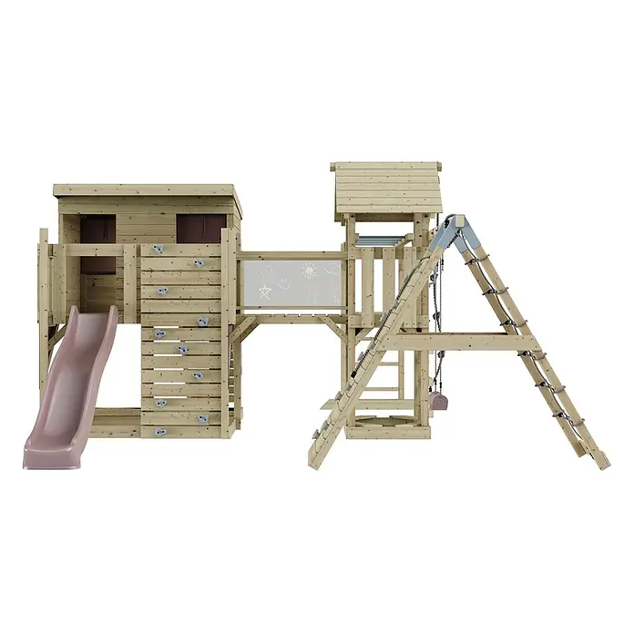 OutdoorToys Kinderspielturm Polarplay Bene - L x B x H: 490 x 503 x 274 cm, Rosa - Holzspielturm mit brauner Rutsche, Kletterwand, Tafel und Seilleitern.