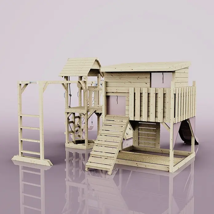 OutdoorToys Kinderspielturm Polarplay Bene - L x B x H: 490 x 503 x 274 cm, Rosa - Mehrstöckiges Holzspielhaus-Set in hellem Naturholz mit pinkfarbenen Stoffdetails, inklusive Rutsche, Kletterwand, Reck und Sandkasten.