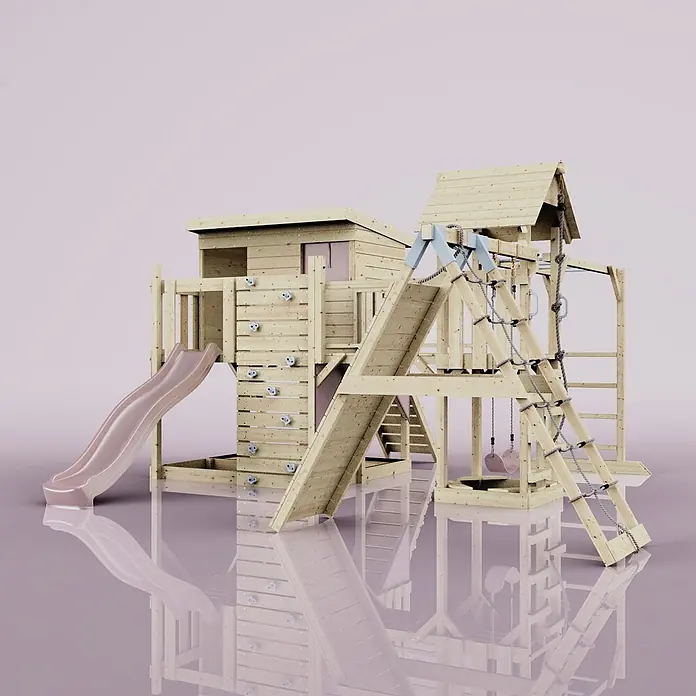 OutdoorToys Kinderspielturm Polarplay Bene - L x B x H: 490 x 503 x 274 cm, Rosa - Hölzerner Spielplatz mit Spielhaus, rosa Rutsche, Kletterwand, Strickleiter und Schaukeln.