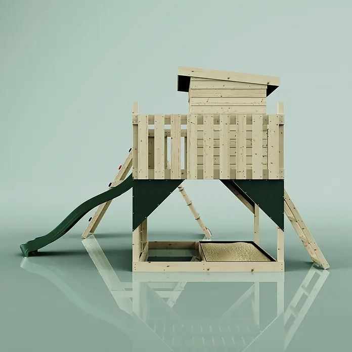 OutdoorToys Kinderspielturm Freja - L x B x H: 396 x 414 x 260 cm, Grün - Hölzernes Spielhaus mit grüner Rutsche und integriertem Sandkasten.