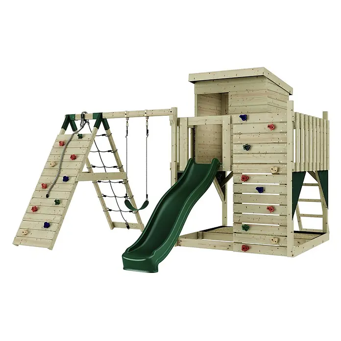 OutdoorToys Kinderspielturm Freja - L x B x H: 396 x 414 x 260 cm, Grün - Hölzerner Spielturm mit grüner Rutsche, Schaukeln, Kletterwand mit bunten Griffen und einem Kletternetz, das zu einem Spielhaus führt.