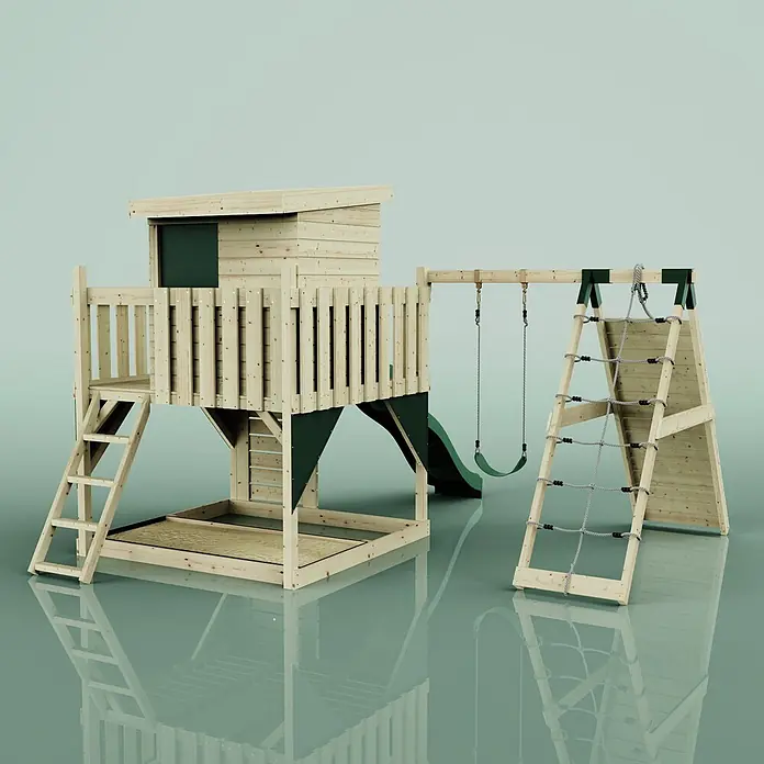 OutdoorToys Kinderspielturm Freja - L x B x H: 396 x 414 x 260 cm, Grün - Holzspielplatz mit erhöhtem Spielhaus, dunkelgrüner Rutsche, Schaukel, Kletternetz und Sandkasten.