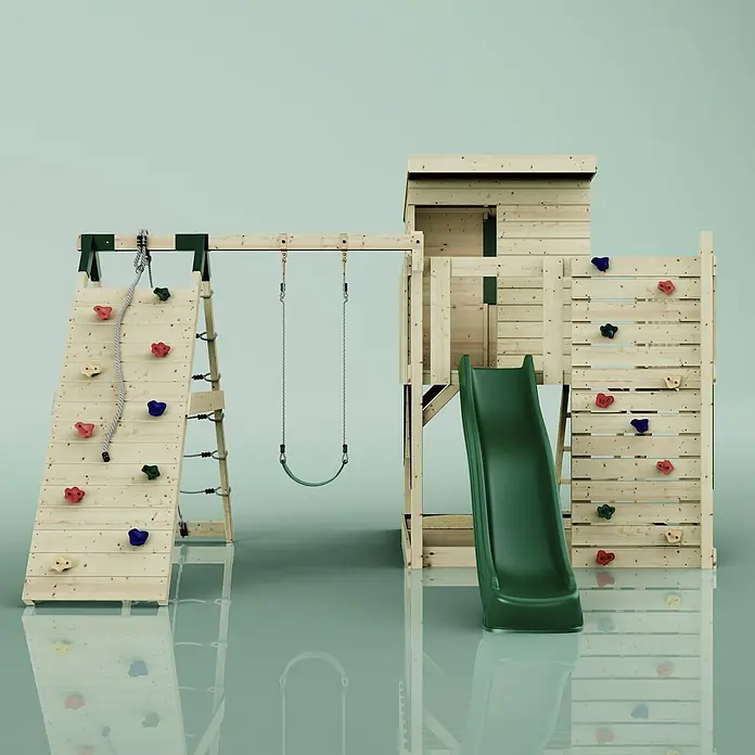 OutdoorToys Kinderspielturm Freja - L x B x H: 396 x 414 x 260 cm, Grün - Hölzernes Spielgerüst mit grüner Rutsche, Schaukel, Kletterwänden mit bunten Griffen und kleinem Spielhaus.