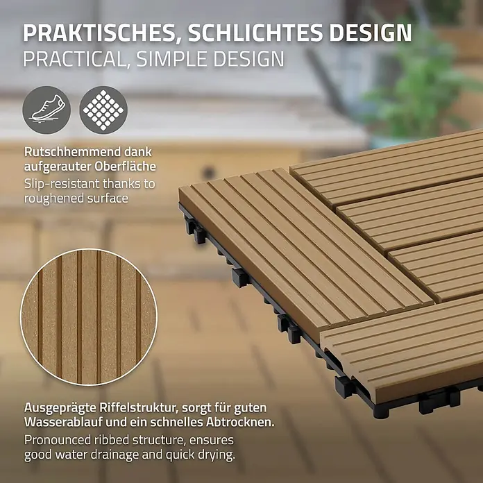 ECD Germany Terrassenfliese Bodenbelag 4m²/44 Stück Teak rutschfest Balkonfliesen - 30 cm x 30 cm x 20 mm, Teak - Helle, geriffelte Terrassenfliesen für den Außenbereich. Rutschfest, gute Wasserableitung.