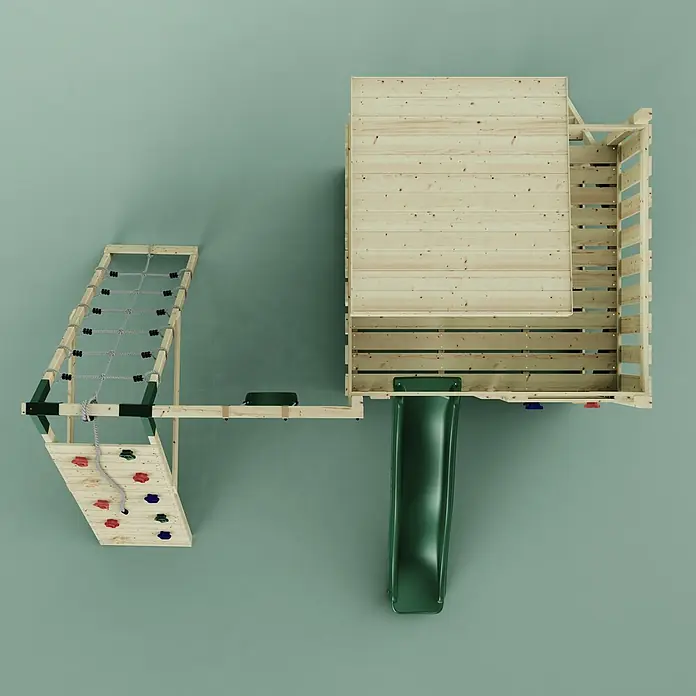 OutdoorToys Kinderspielturm Freja - L x B x H: 396 x 414 x 260 cm, Grün - Hölzerner Spielplatz mit Kletternetz, Kletterwand mit bunten Griffen und grüner Rutsche, von oben gesehen.