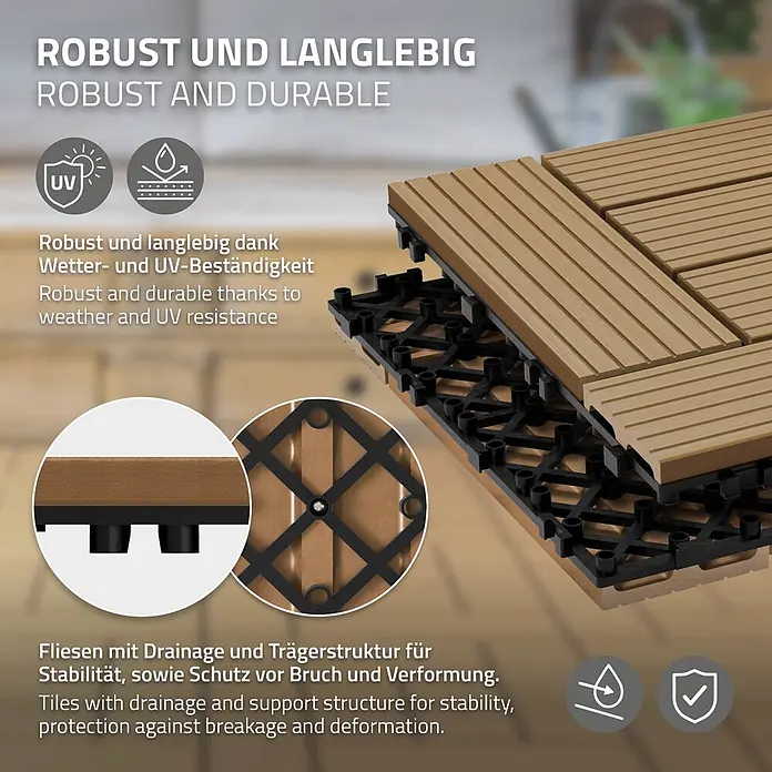 ECD Germany Terrassenfliese Bodenbelag 4m²/44 Stück Teak rutschfest Balkonfliesen - 30 cm x 30 cm x 20 mm, Teak - Hellbraune Klickfliesen mit schwarzer Drainage- und Trägerstruktur, die Wetter- und UV-Beständigkeit aufweisen.