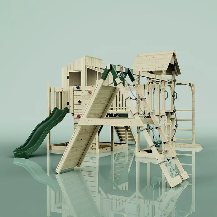 OutdoorToys Kinderspielturm Polarplay Gustav - L x B x H: 562 x 503 x 291 cm, Grün - Großes hölzernes Outdoor-Spielgerät mit grüner Rutsche, Kletterwand mit bunten Griffen, Seilleiter, Turnringen und Spielhaus.