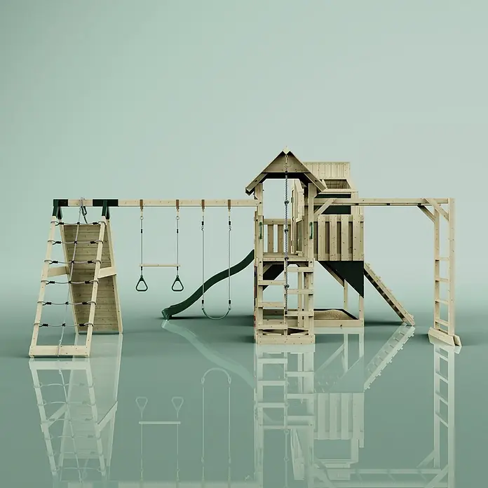 OutdoorToys Kinderspielturm Polarplay Gustav - L x B x H: 562 x 503 x 291 cm, Grün - Hölzernes Outdoor-Spielset mit grüner Rutsche, Schaukeln, Kletternetz und Spielhaus.